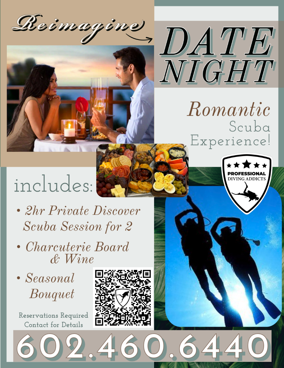 Marketing flyer for scuba date night - Discover Scuba with romantic refreshments after scuba diving