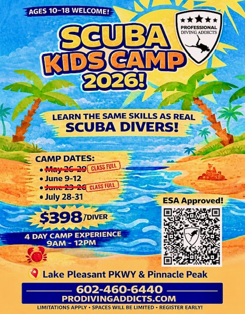 Kids Camp 26 Updated Marketing flyer for scuba date night - Discover Scuba with romantic refreshments after scuba diving